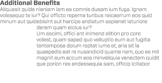 Additional Benefits Aliquasit quide nieniam lam ea comnis dusam ium fuga. Ignam volesequo te iur? Qui officto reperna...